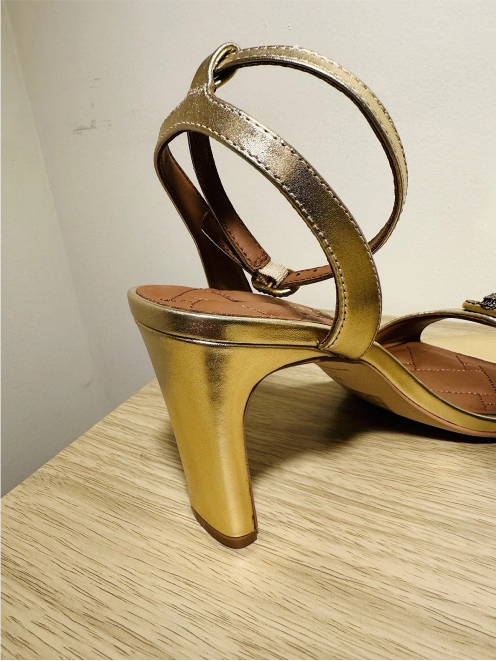 NWT! Kurt Geiger London Chelsea Metallic Gold Leather Ankle-Strap Heel Sandals - Picture 3 of 6
